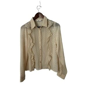 Line & Dot womens blouse cream ruffle dot sz medium button‎ front